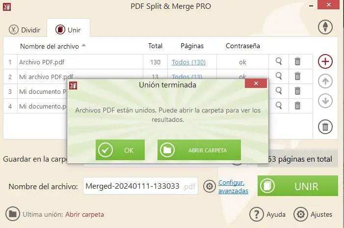 Icecream PDF Split and Merge - notificación de que los archivos se han unido correctamente